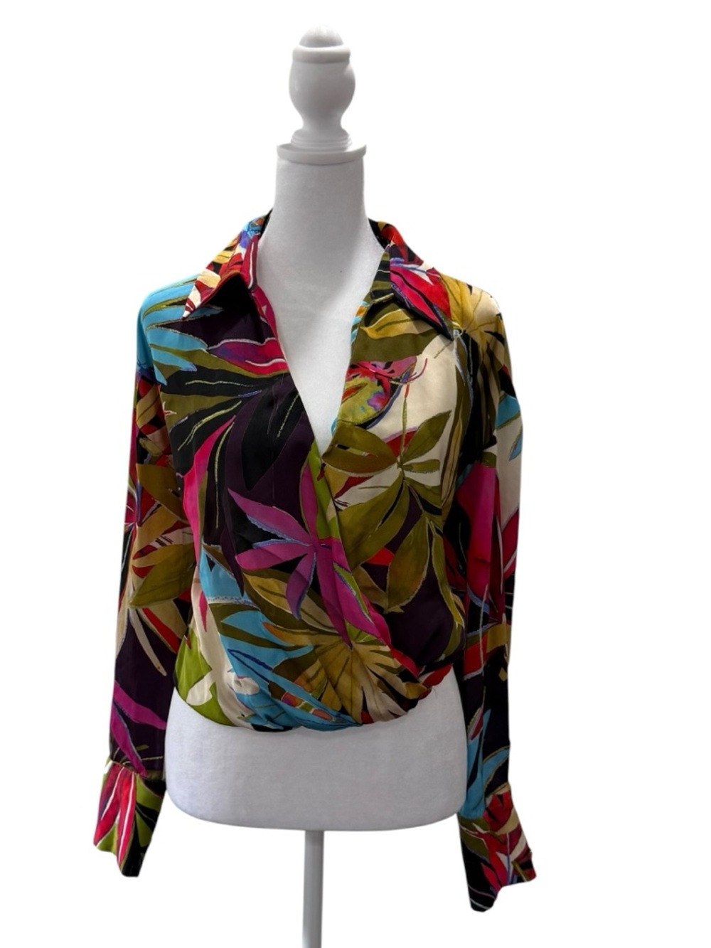 ZARA Tropical Satin Effect Faux Wrap Top Multicolor VNeck Long Sleeve Size Small